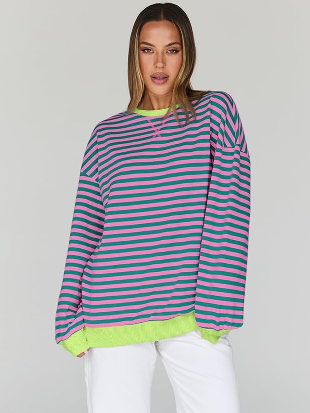 Amazon Striped Crewneck Sweater Pink and Green and Yellow